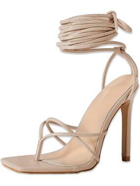 Women's Apricot Lace Up Heeled Sandals Square Flip Flop High Heels Strappy Shoes